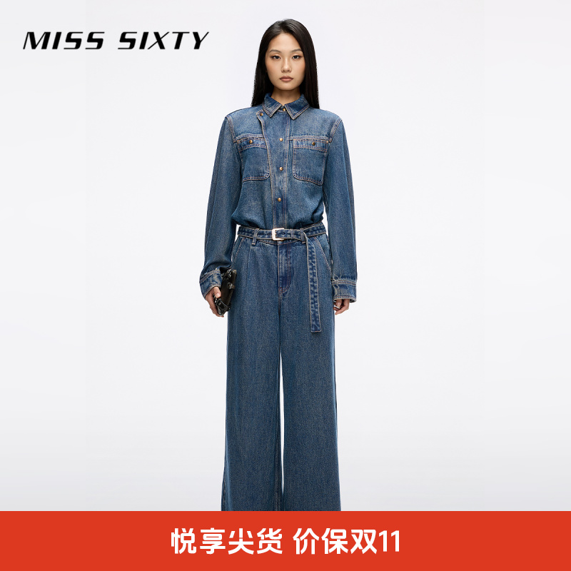 Miss Sixty2025秋季新款莱赛尔牛仔连体裤女配腰带复古工装直筒裤