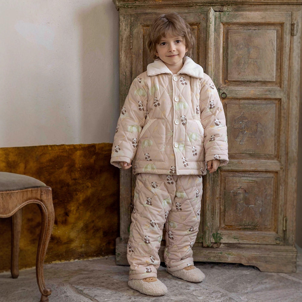 冬季男童新品三层加厚夹棉睡衣儿童保暖棉服棉裤可外穿省服时尚套
