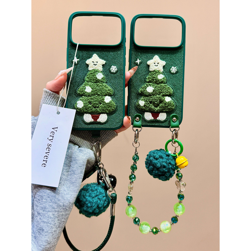 绿色绒布刺绣圣诞树手拎珠链适用苹果17promax手机壳15iphone16