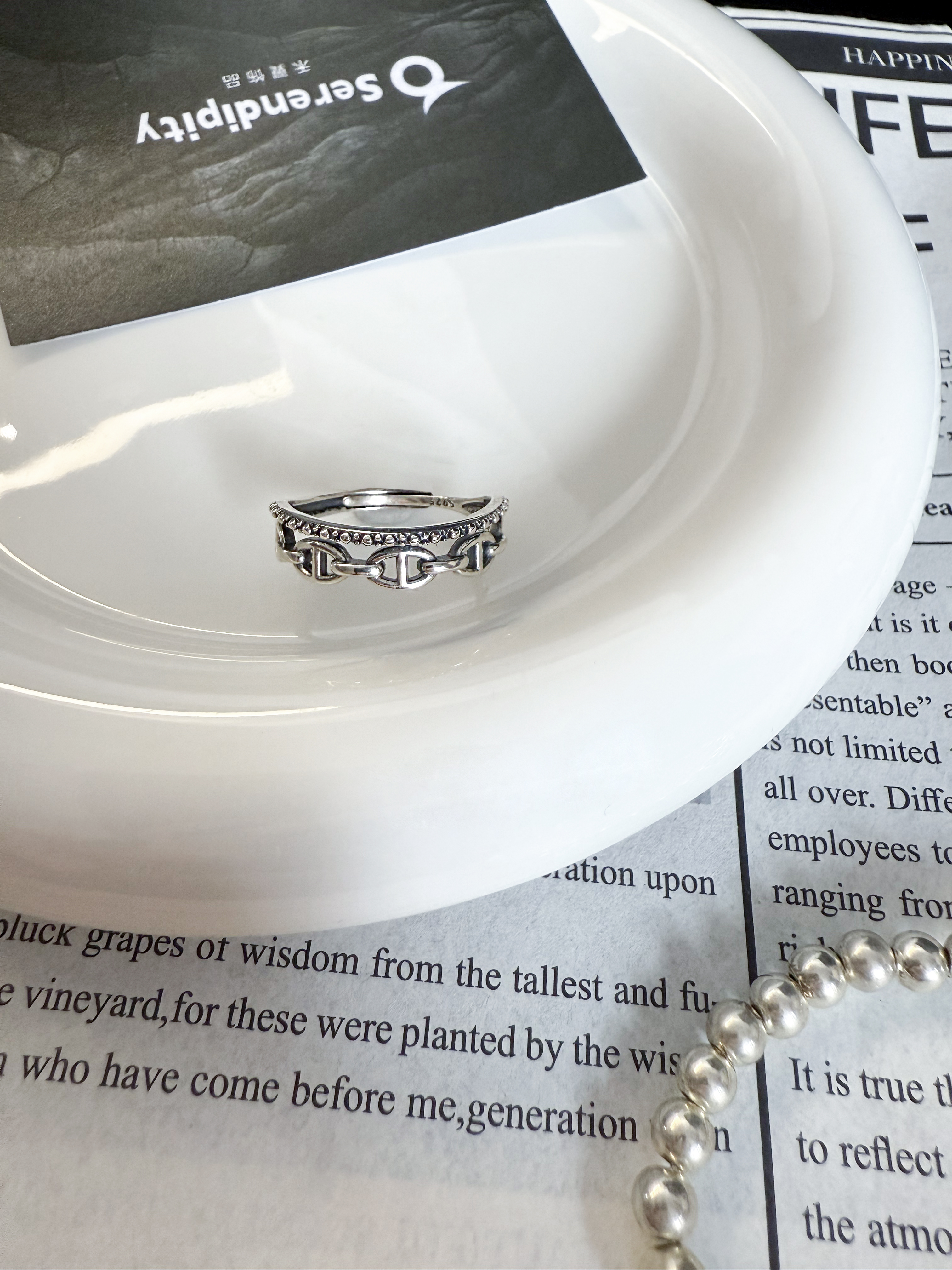 925银戒指 禾翼·双圈s925纯银猪鼻子链条小众百搭拼接开口戒指