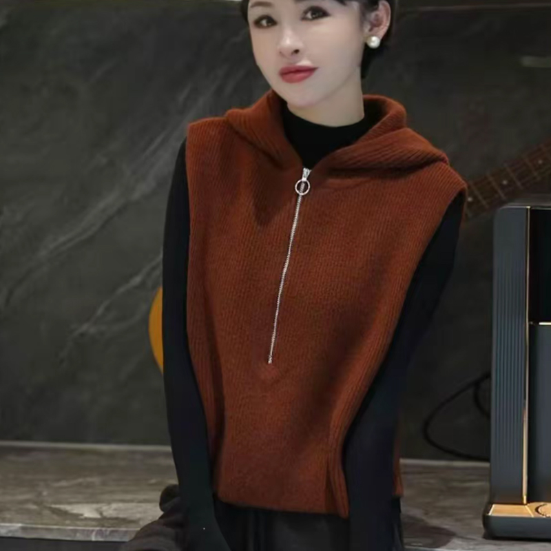 欧货毛衣纯色针织打底衫马甲2025秋冬季连帽设计感洋气上衣服女装