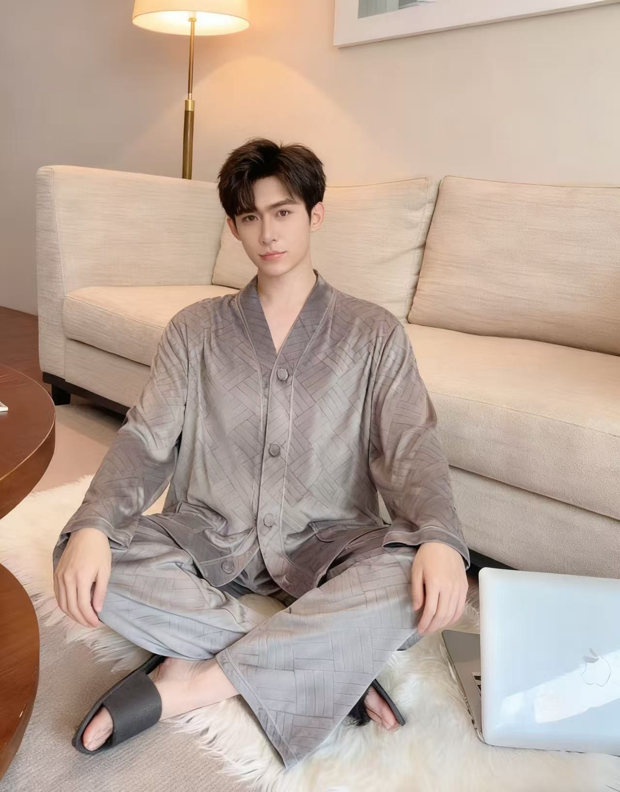 2025超柔海岛绒男士家居服秋冬长袖奢华高级感V领保暖加厚套装