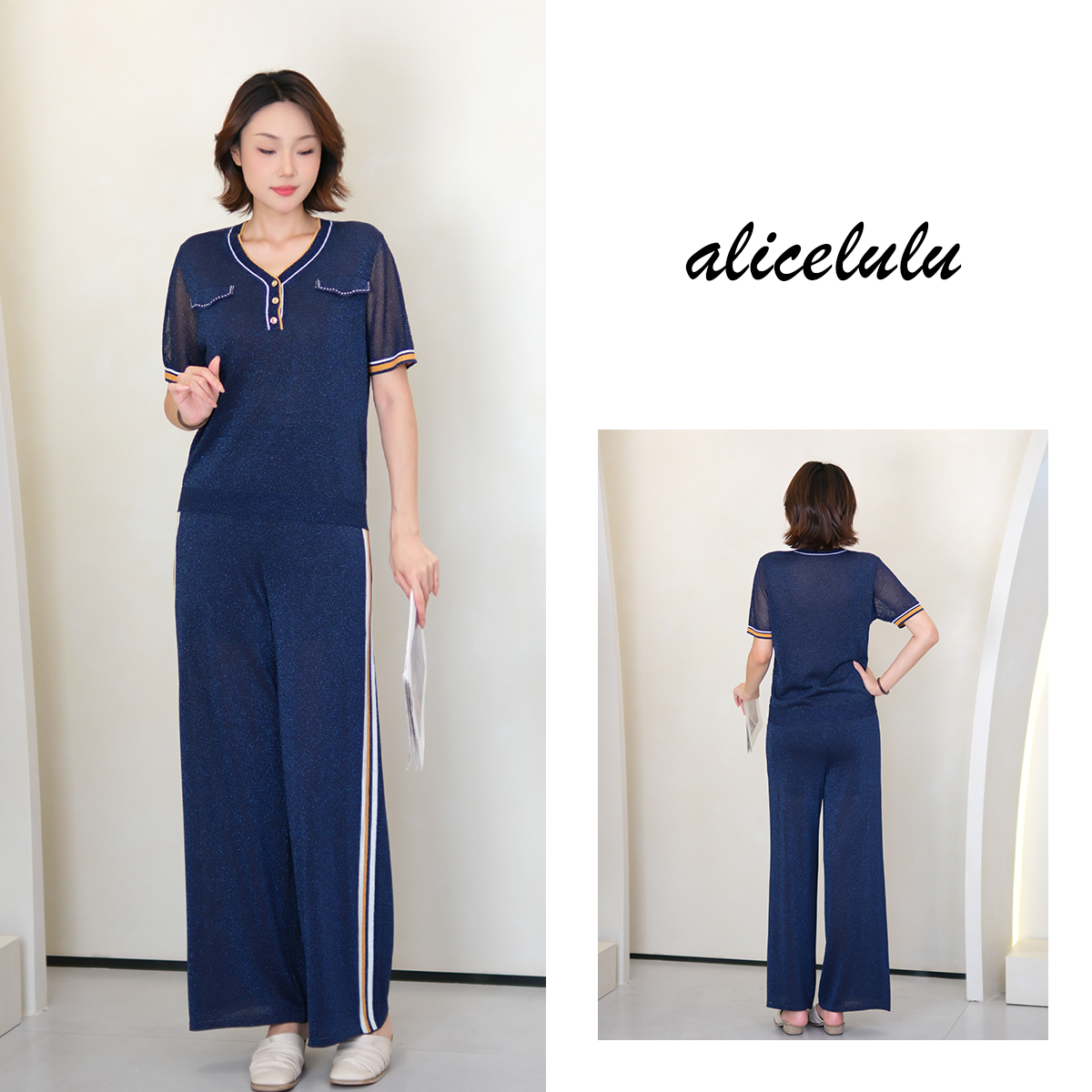 1 [alicelulu]时尚休闲亮丝短袖上衣阔腿裤套装S2143661W