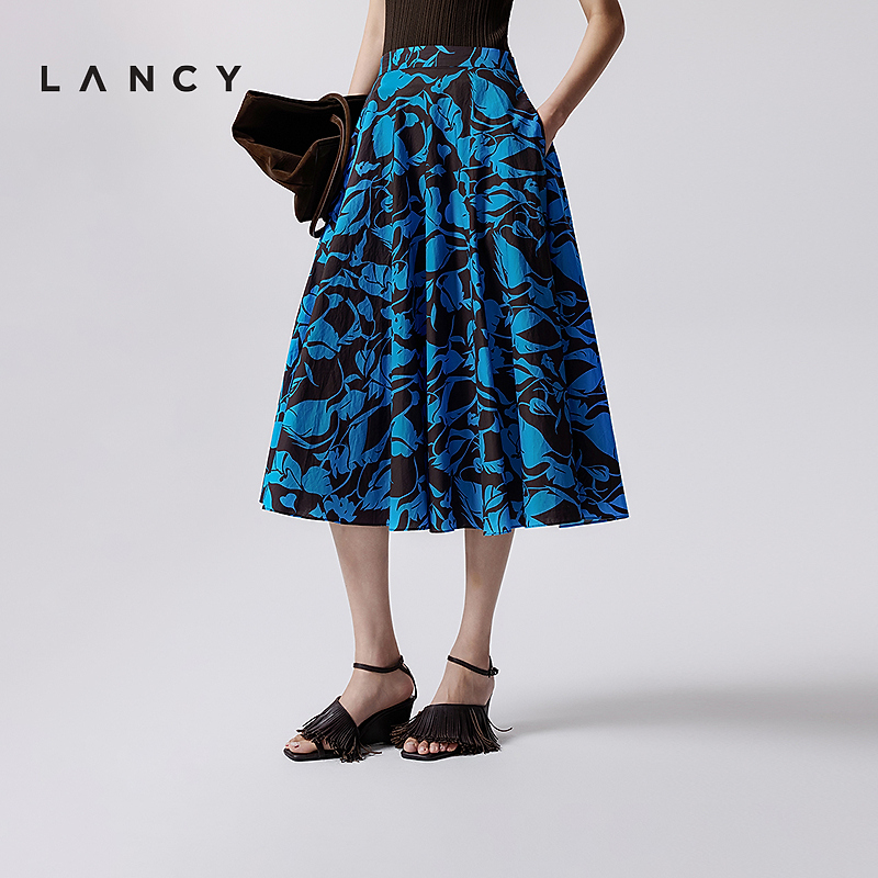 LANCY/朗姿2025秋季新款法式花卉印花A字高腰伞裙中长款半身裙