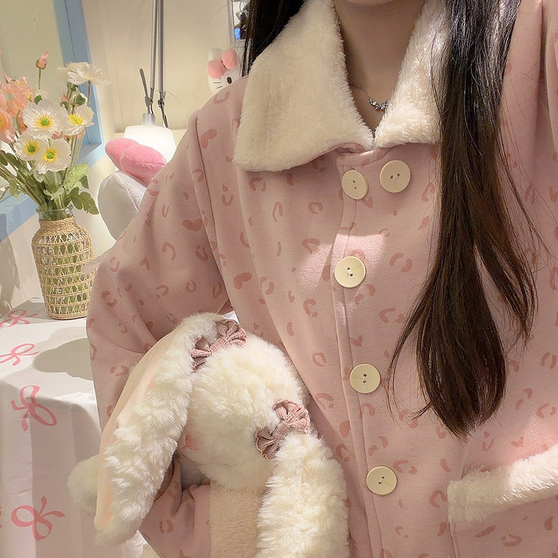 毛领粉豹纹睡衣女生秋冬季绵羊绒长袖少女心加绒加厚保暖家居服