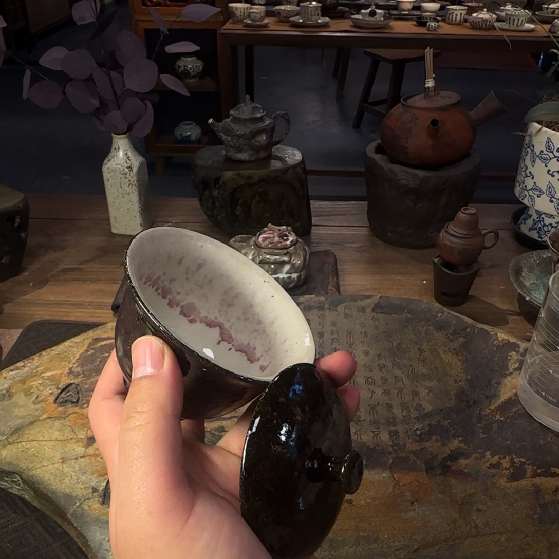 瓷片粉引柴烧盖碗