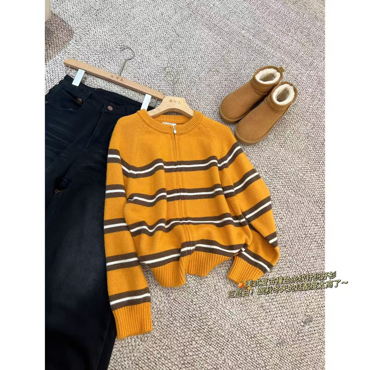 针织百搭秋冬针织衫拼色圆领毛衣条纹拉链-M3801