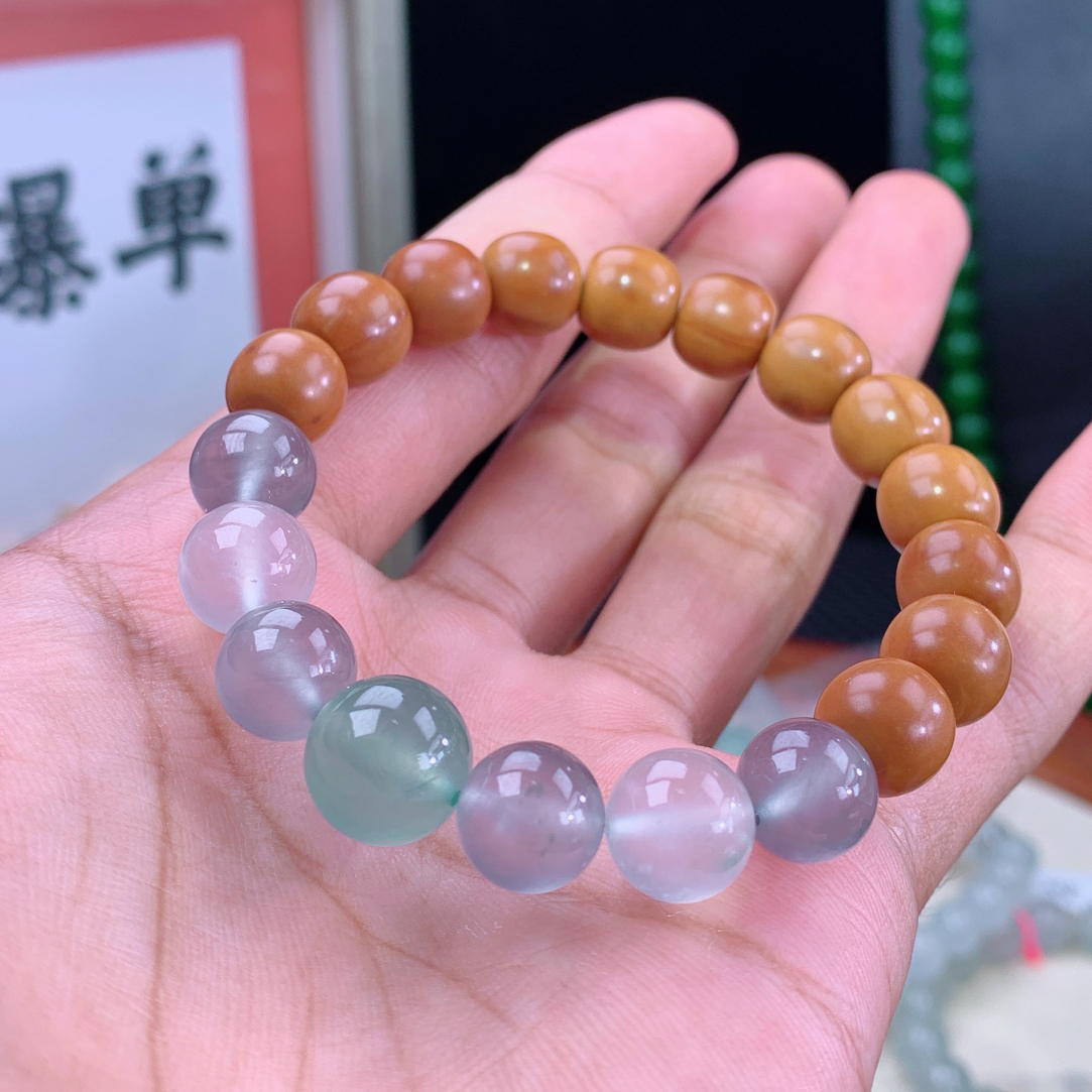 新中式多宝➕木珠缅甸天然翡翠A货玻璃种起杠光马卡龙手串半串珠子