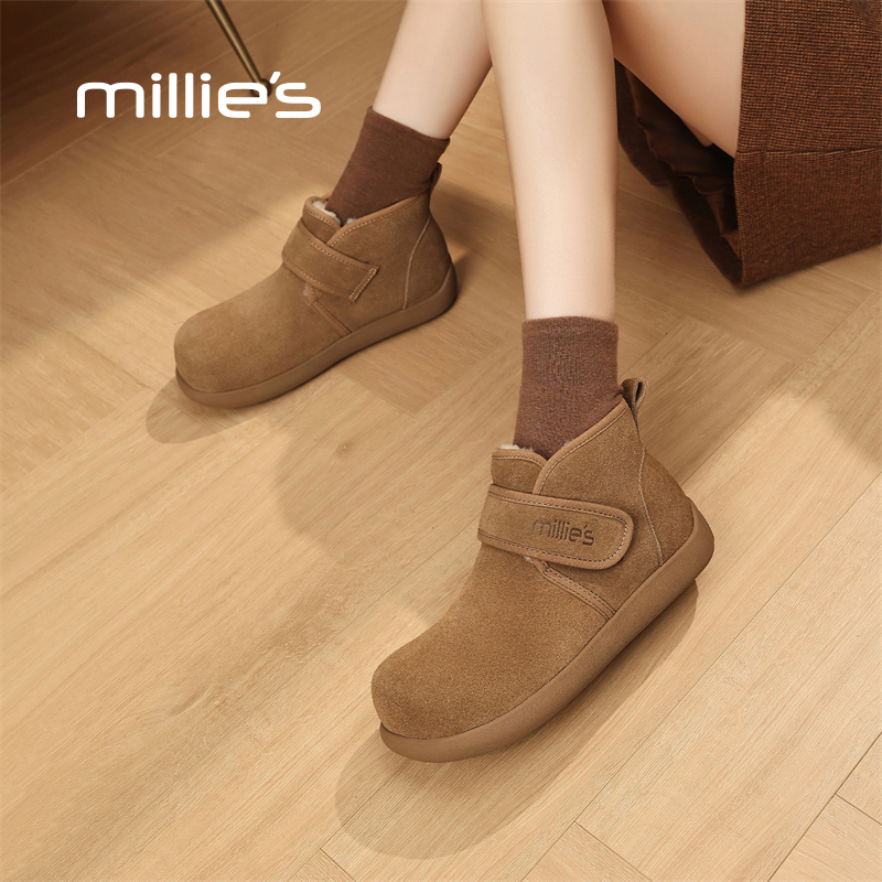MILLIE'S/妙丽真皮高帮勃肯鞋2025年冬季新款加绒保暖棉鞋雪地靴