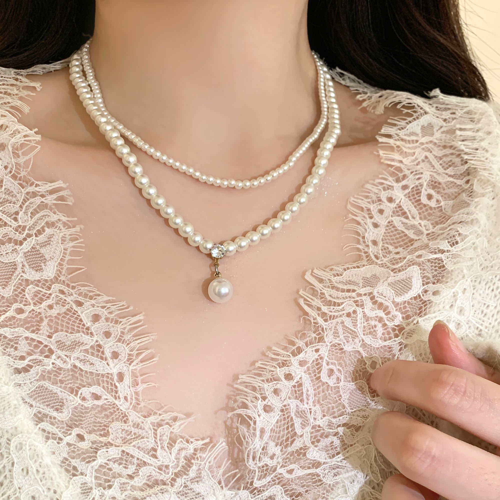 铜合金项链 法式复古~珍珠双层叠戴项链女款仙女配饰毛衣链锁骨链