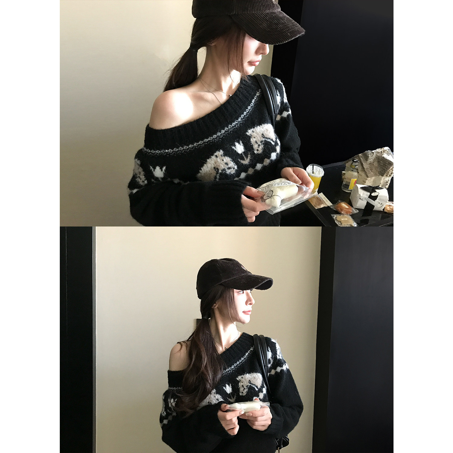 Skk Store '开运小马'羊驼羊毛费尔岛小马嵌花一字肩/毛衣开衫