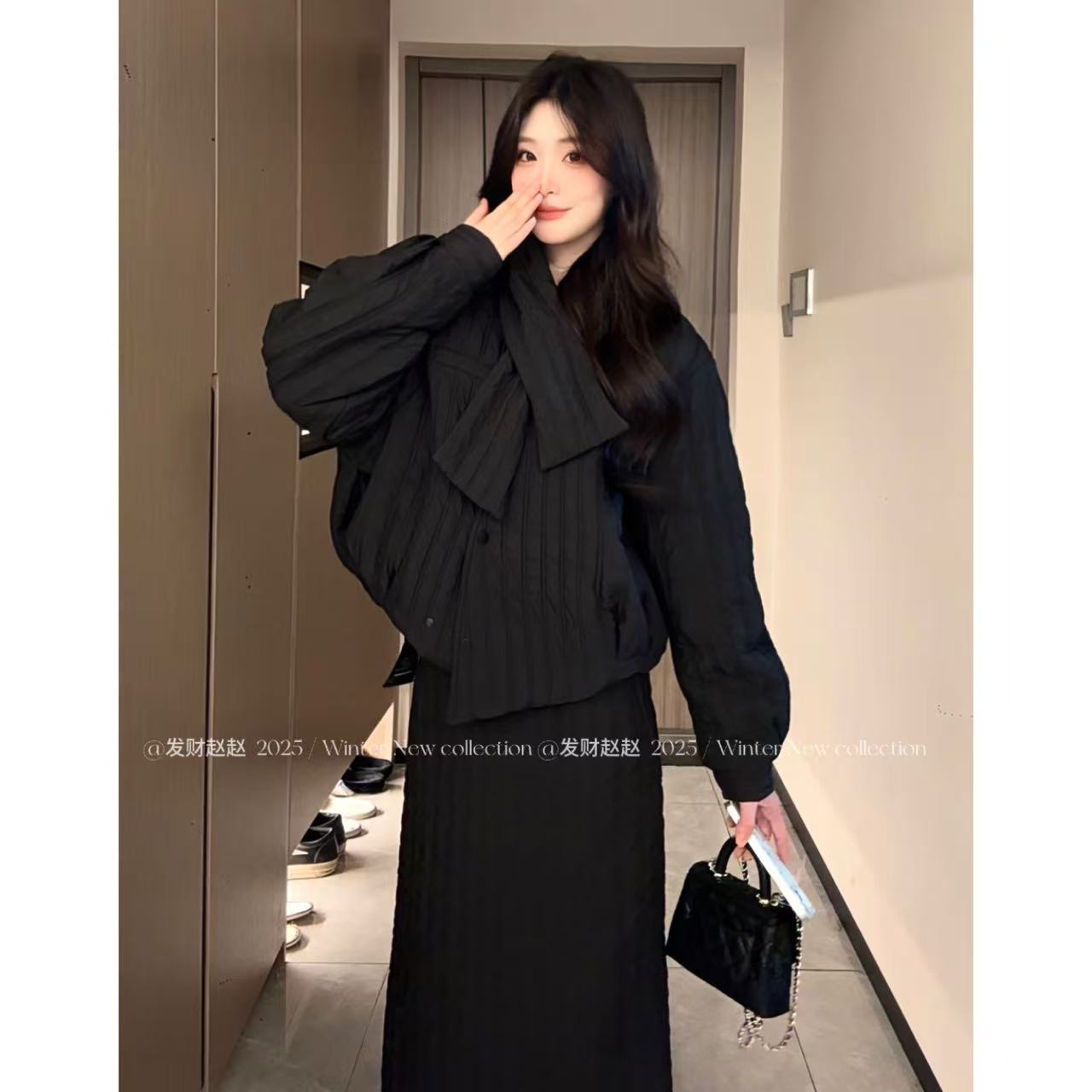 冬季小众设计感纹理套装夹棉加厚3161外套半身裙+围巾通勤三件套