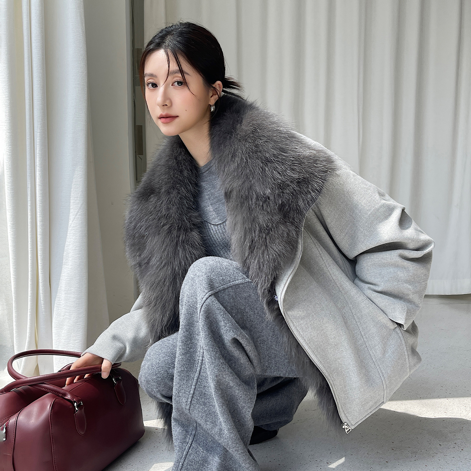 画盲皮草"栀子花信"可拆卸进口狐狸毛毛领皮草外套女派克服冬