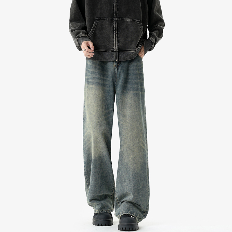 【现货】复古水洗纹牛仔裤男士秋冬季加绒加厚休闲宽松直筒拖地长裤