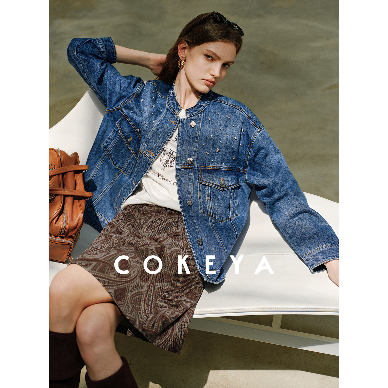 COKEYA/旷野星空~莼手工钉钻复古水斜纹棉箱型落肩牛仔外套早秋