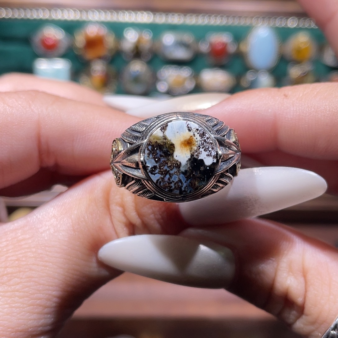 子***弦琥珀银S925镶嵌戒指戒指