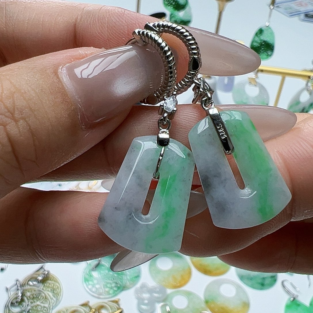 银S925镶嵌翡翠耳饰天然缅甸A货翡翠