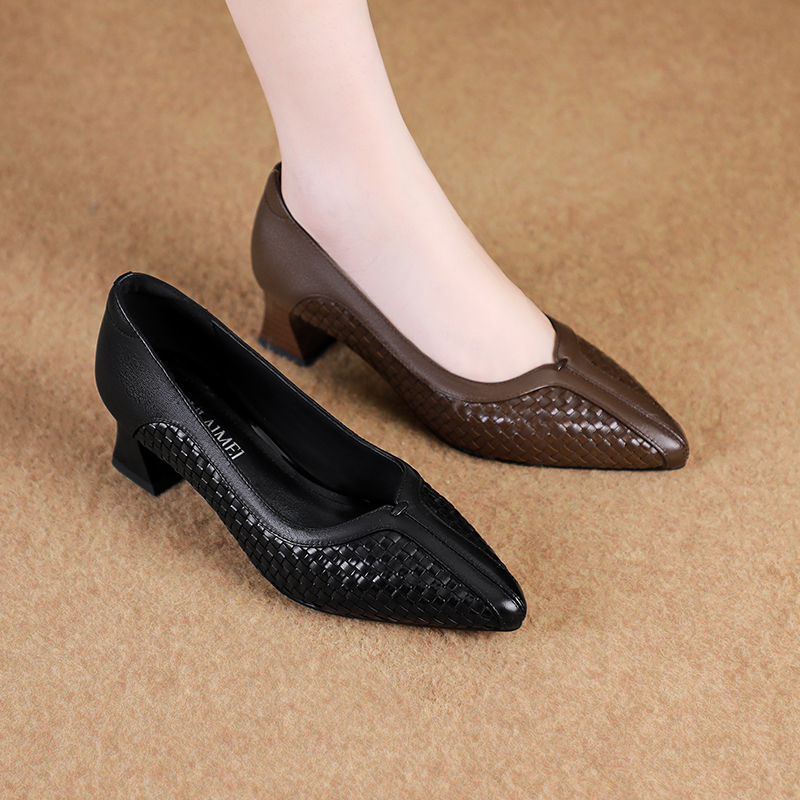 牛皮/4公分/34-42/9541新款单鞋手工编织时尚粗跟浅口女鞋