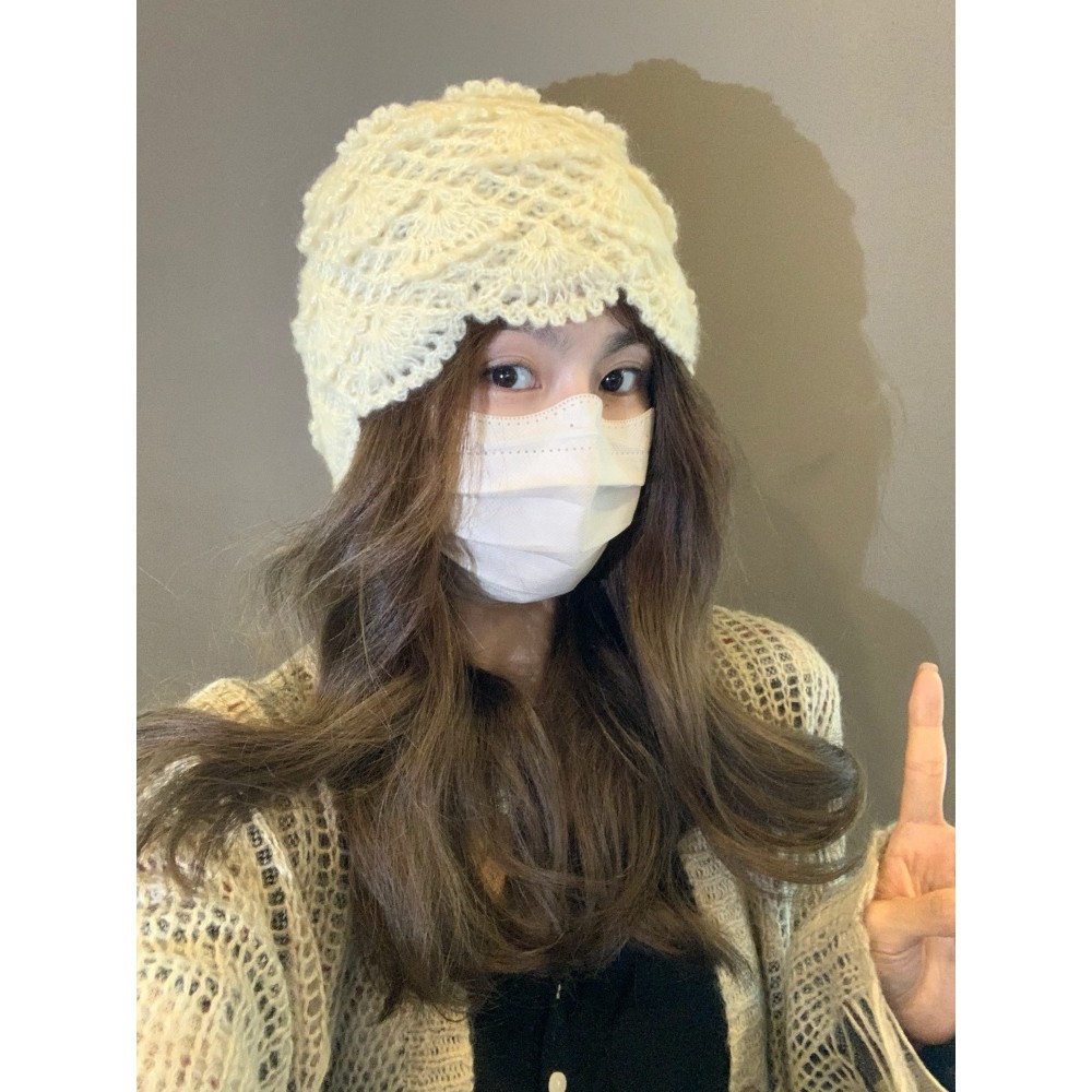 日系手工钩针双层加厚秋冬新款花朵针织帽子女包头帽百搭ins韩版