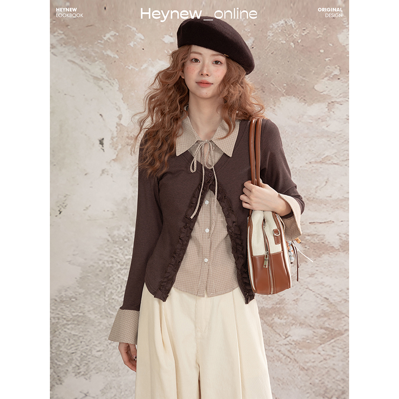 【HEYNEW黑妞】美拉德复古学院风POLO领假两件小众喇叭袖衬衫5Q421