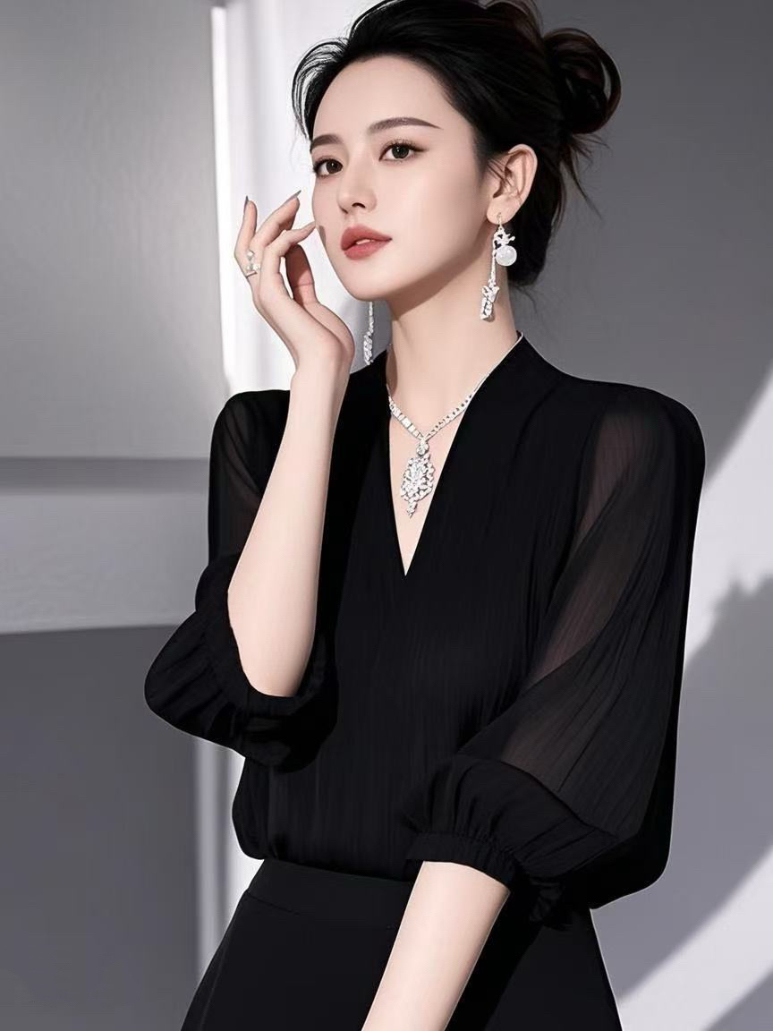 SS1213夏法式减龄百搭显瘦衬衫小众设计感轻奢黑色衬衣半裙两件套