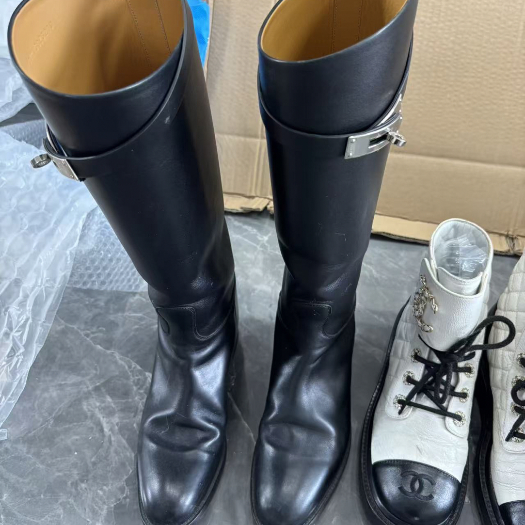 95新 Hermes/爱马仕 爱马仕37码黑银kelly长筒靴