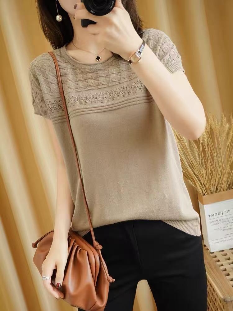 千鸟格提花棉纱线针织短袖女飞袖透气