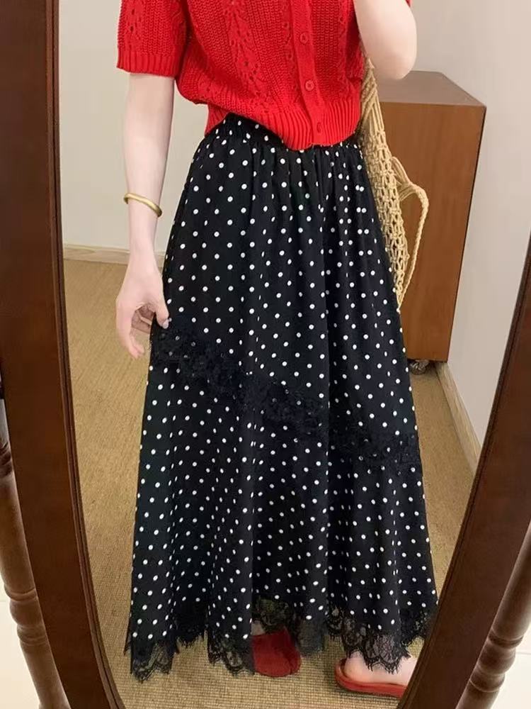 法式不规则蕾丝花边波点半身裙