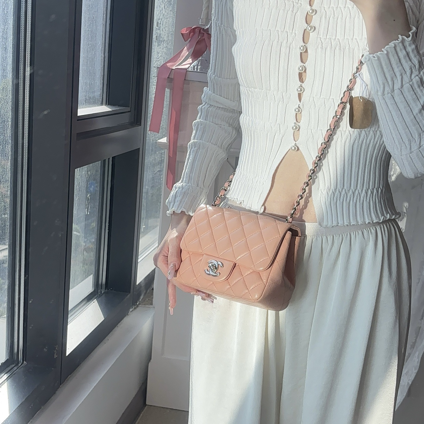95新 Chanel/香奈儿 chanel 西柚粉方胖子复古菱格链条包