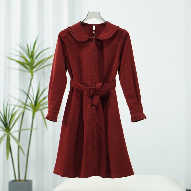 【诗M】E187   女装气质收腰精致荷叶领连衣裙红色2581299