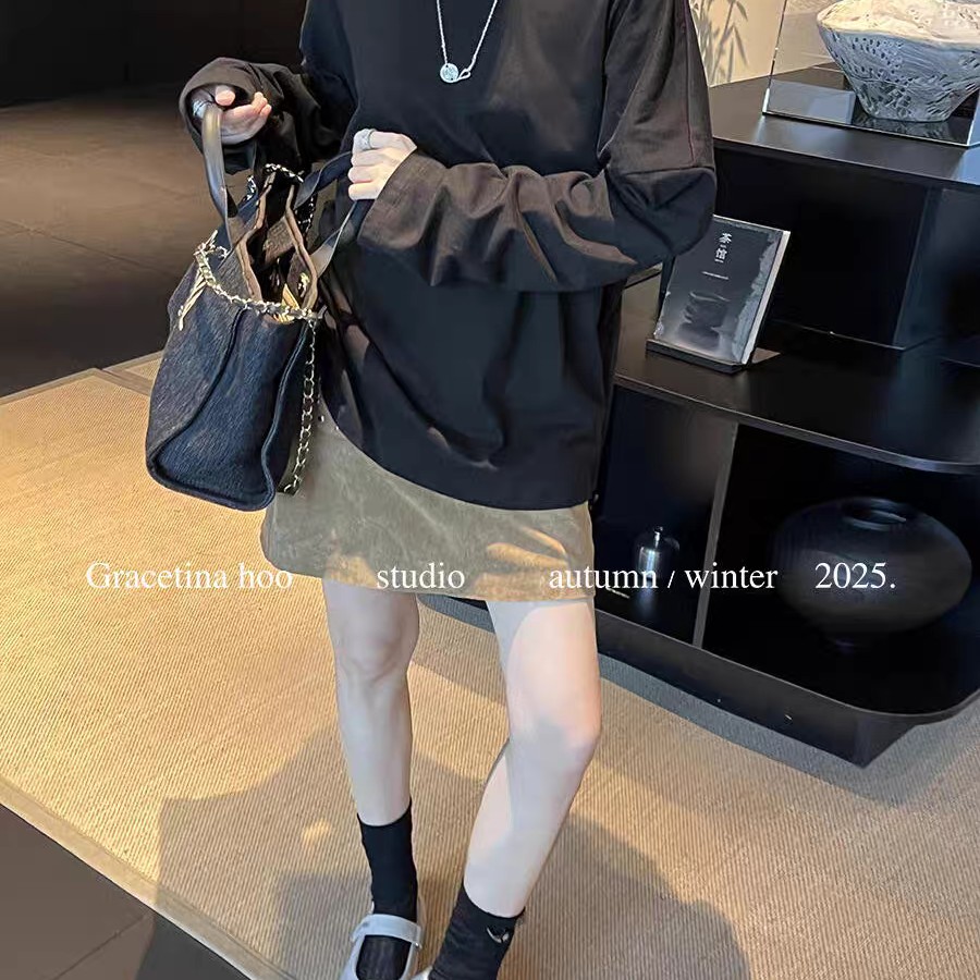 GRACETINA HOO秋季烫钻复古肌理慵懒感百搭麂皮绒半身裙短裙女