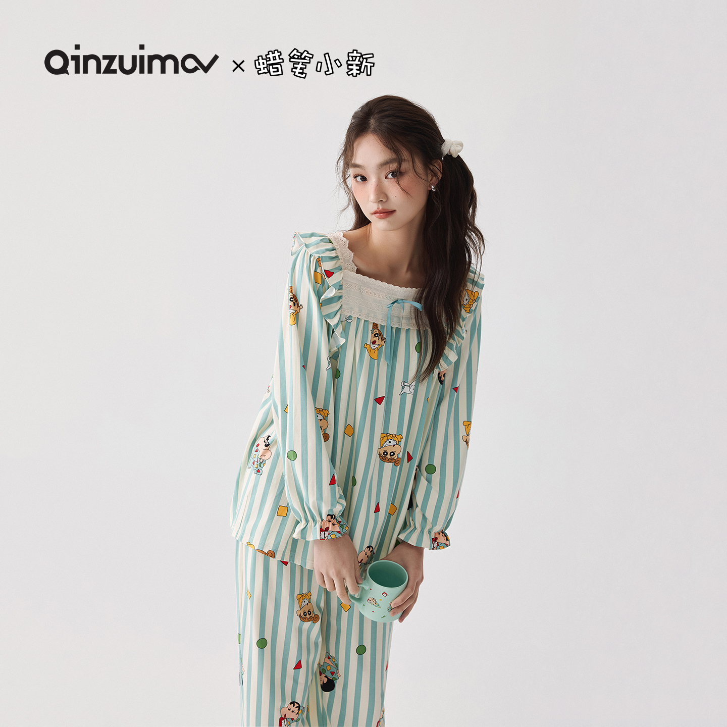 亲嘴猫X蜡笔小新 可外穿条纹卡通可爱睡衣家居C53663