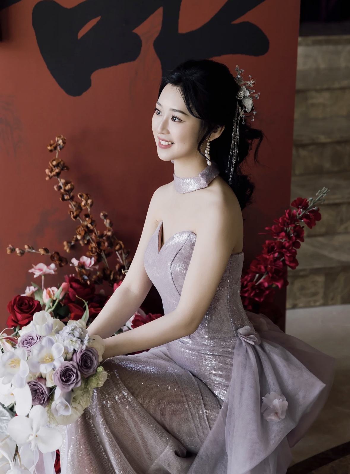 抹胸款紫金渐变亮片中腰鱼尾裙绑带礼服结婚婚纱新娘夏季气质简约