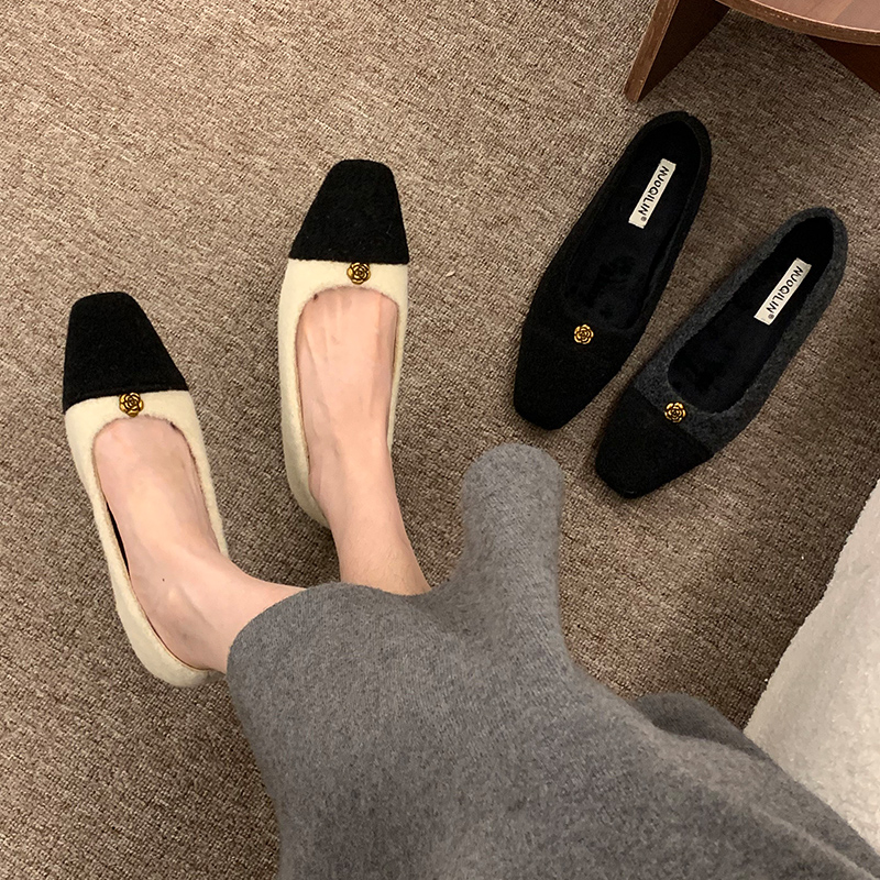 山茶花内增高加绒气质单鞋拼色设计感秋冬保暖通勤鞋女