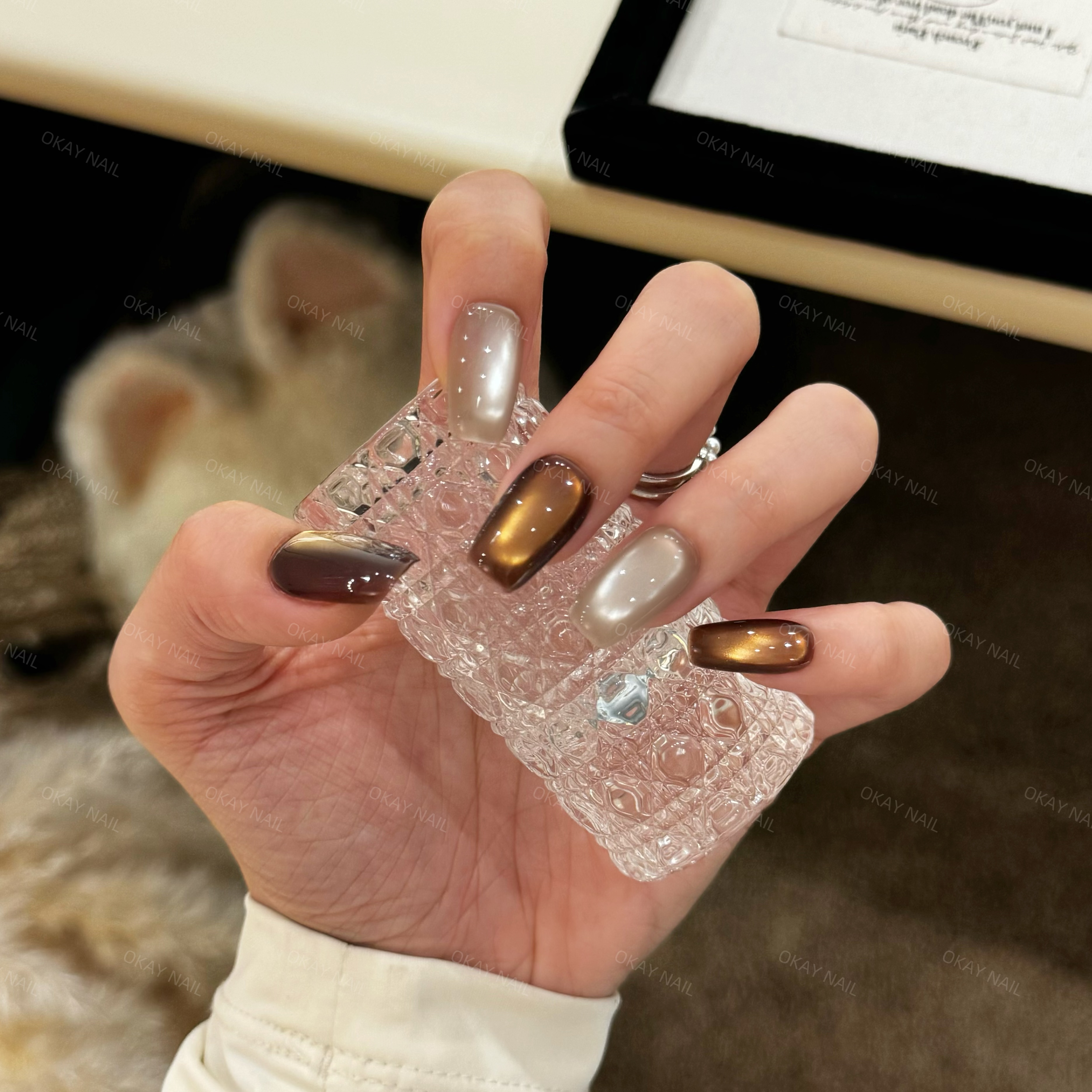 『秋意』“送果冻胶，无胶水”纯手工穿戴甲黄皮肤高端定制款特调猫眼