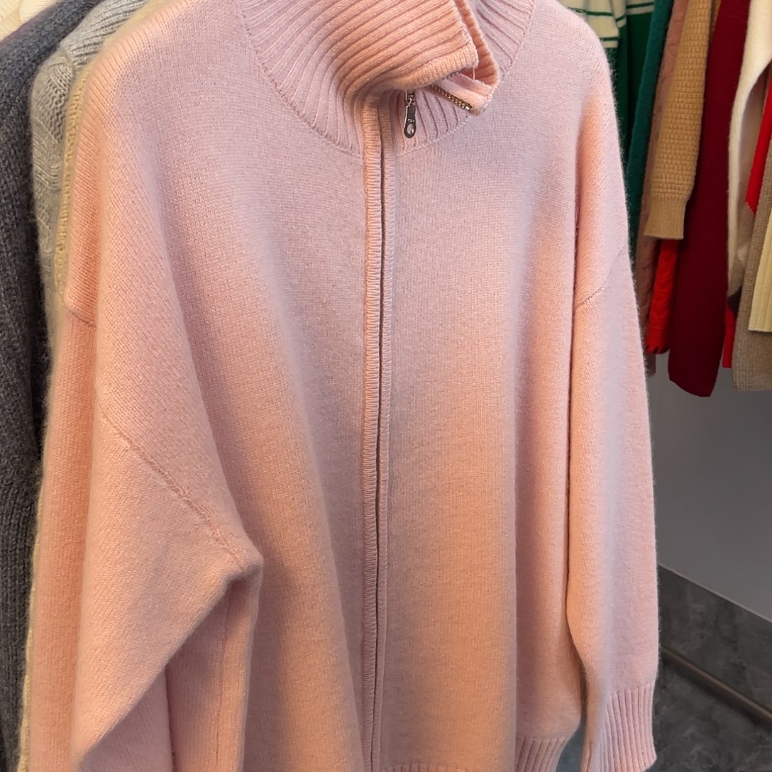 平面 高领 双拉链 羊绒 开衫