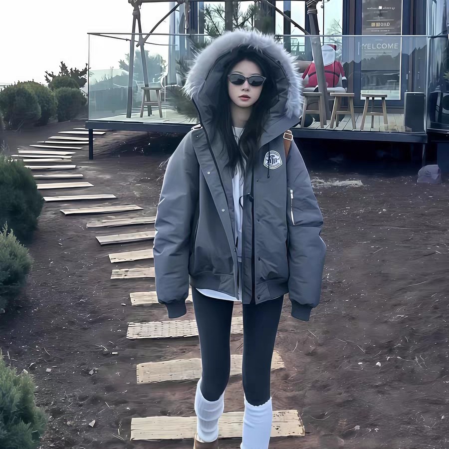 新款藏青色宽松加厚毛领棉服女冬季防风保暖外套潮