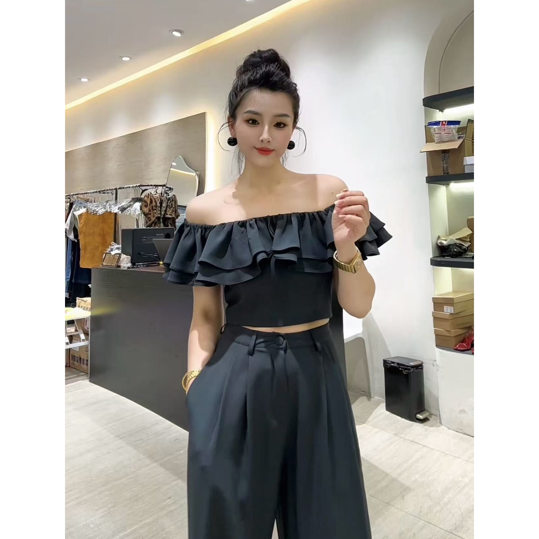 【Wan wan】一字肩荷叶领上衣小阔腿西装裤套装