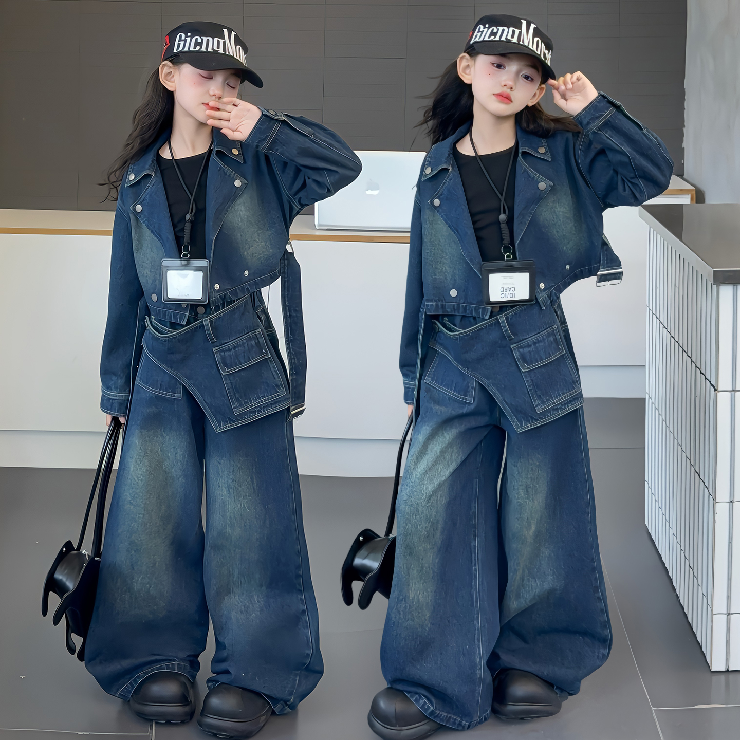 2025女童牛仔套装春秋外套时髦不规则阔腿裤两件套中大童秋季新款