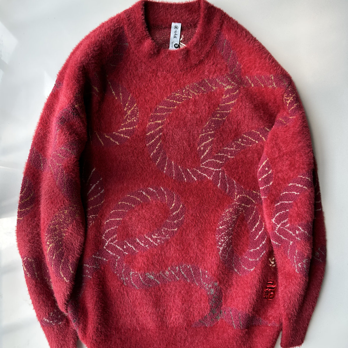 喜色提花圆领毛衣针织衫迎新春行大运红色