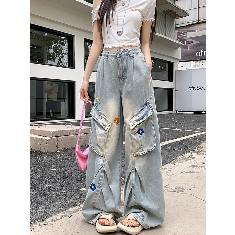 2025新款设计感独特花朵刺绣工装阔腿裤大码女装宽松百搭牛仔裤