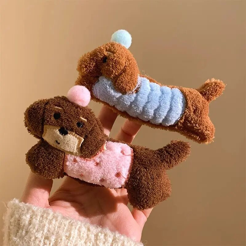 睡衣小狗~颗粒绒腊肠狗发夹可爱甜美秋冬新款刘海夹侧边鸭嘴夹