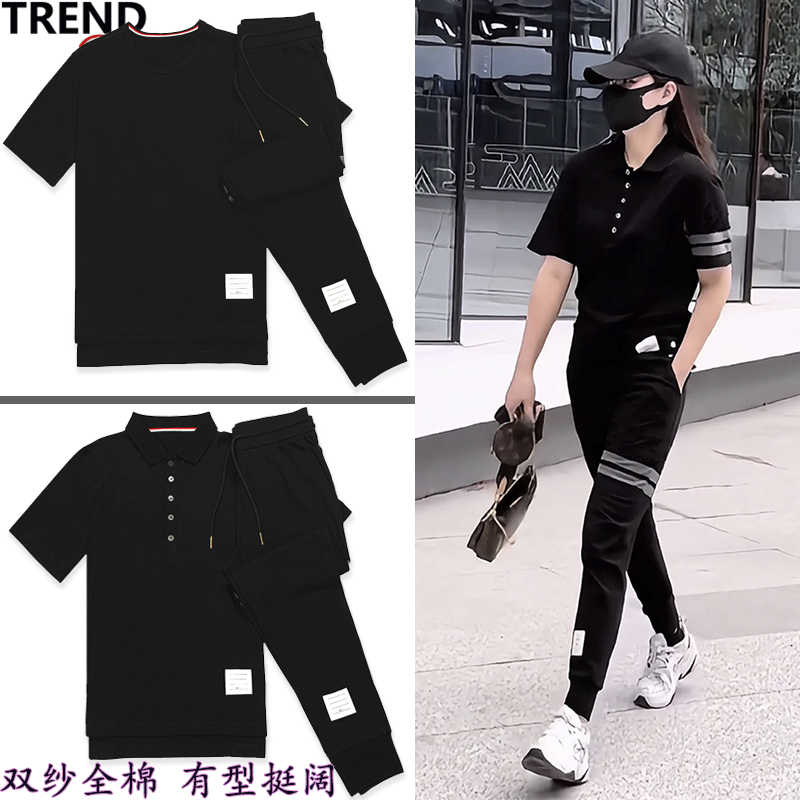 黑灰杠杠炫酷爆款套装潮流双纱精梳棉显瘦百搭休闲两件套男女同款