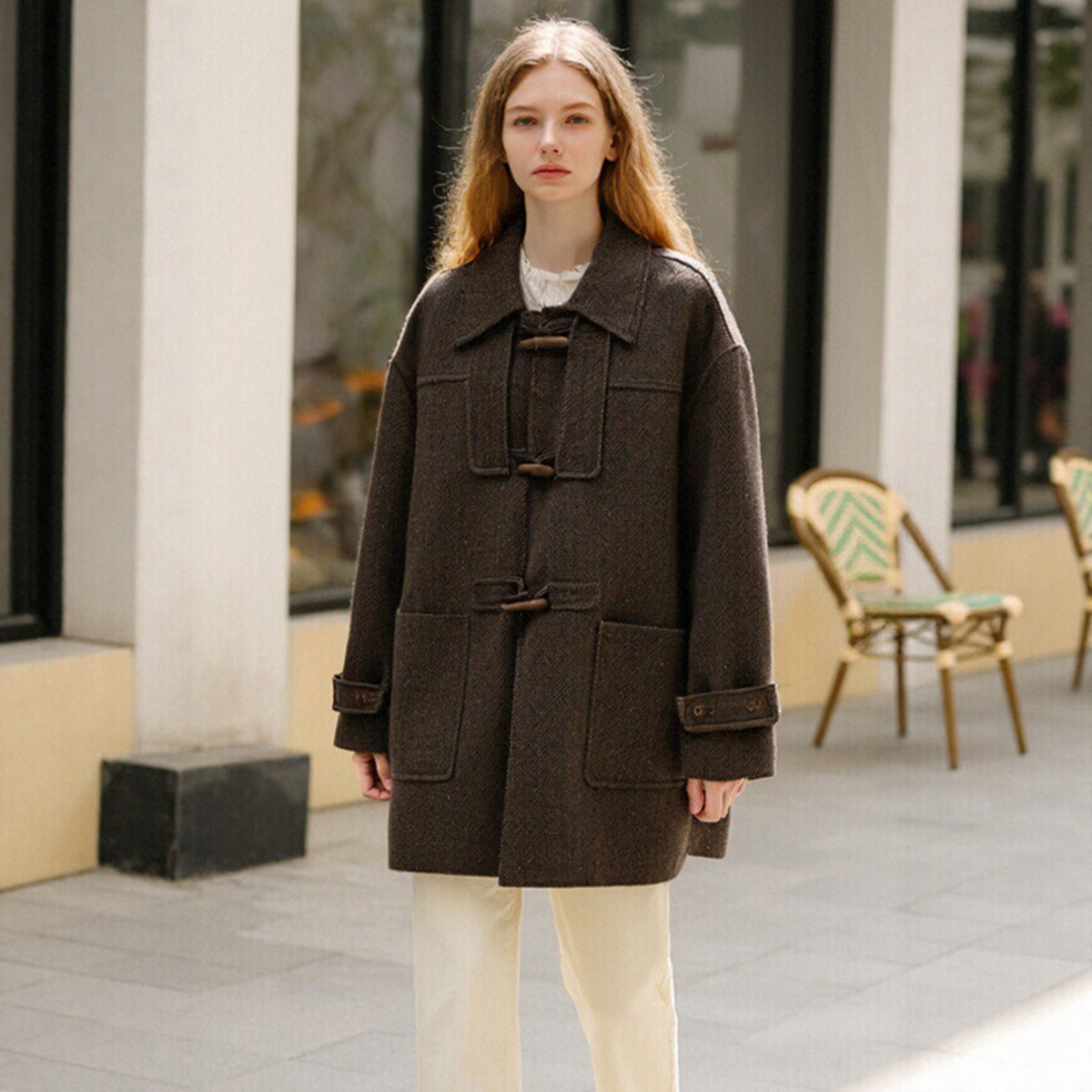 专柜同款【SE】绵羊毛时尚花色条纹宽松呢大衣 DD0A770