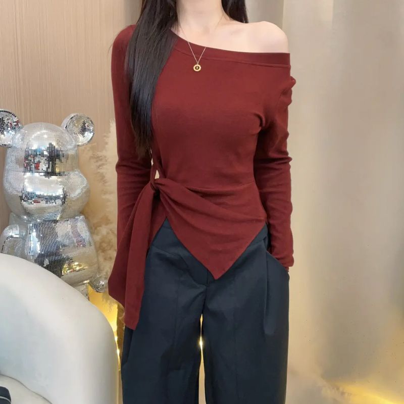 女士收腰T恤2025早秋新款下摆不规则开叉设计感显瘦