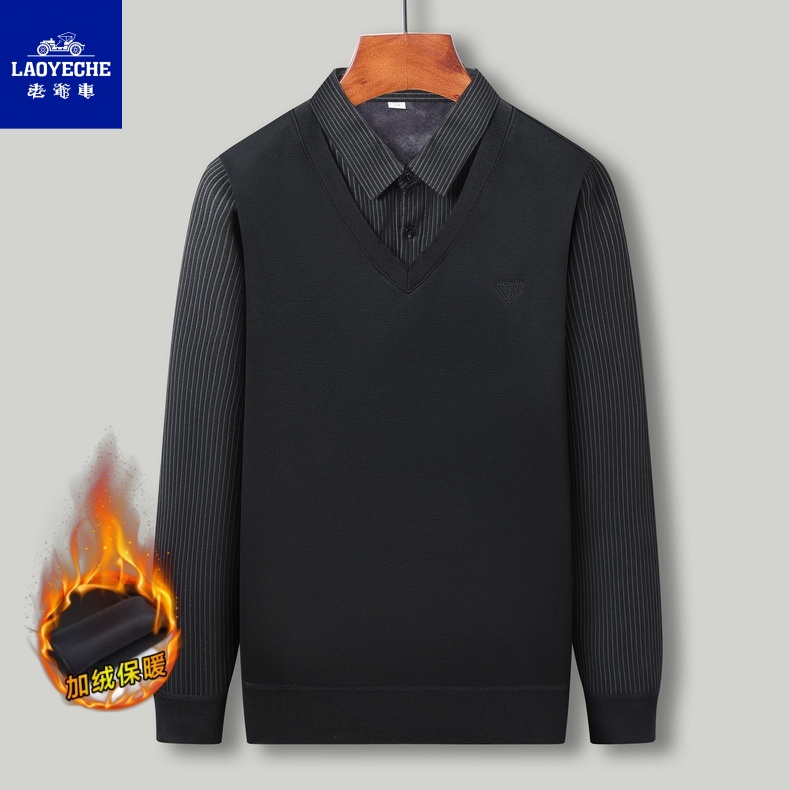 老爷车中老年针织冬季针织衫带领子男士毛衣假两件百搭男商务男装