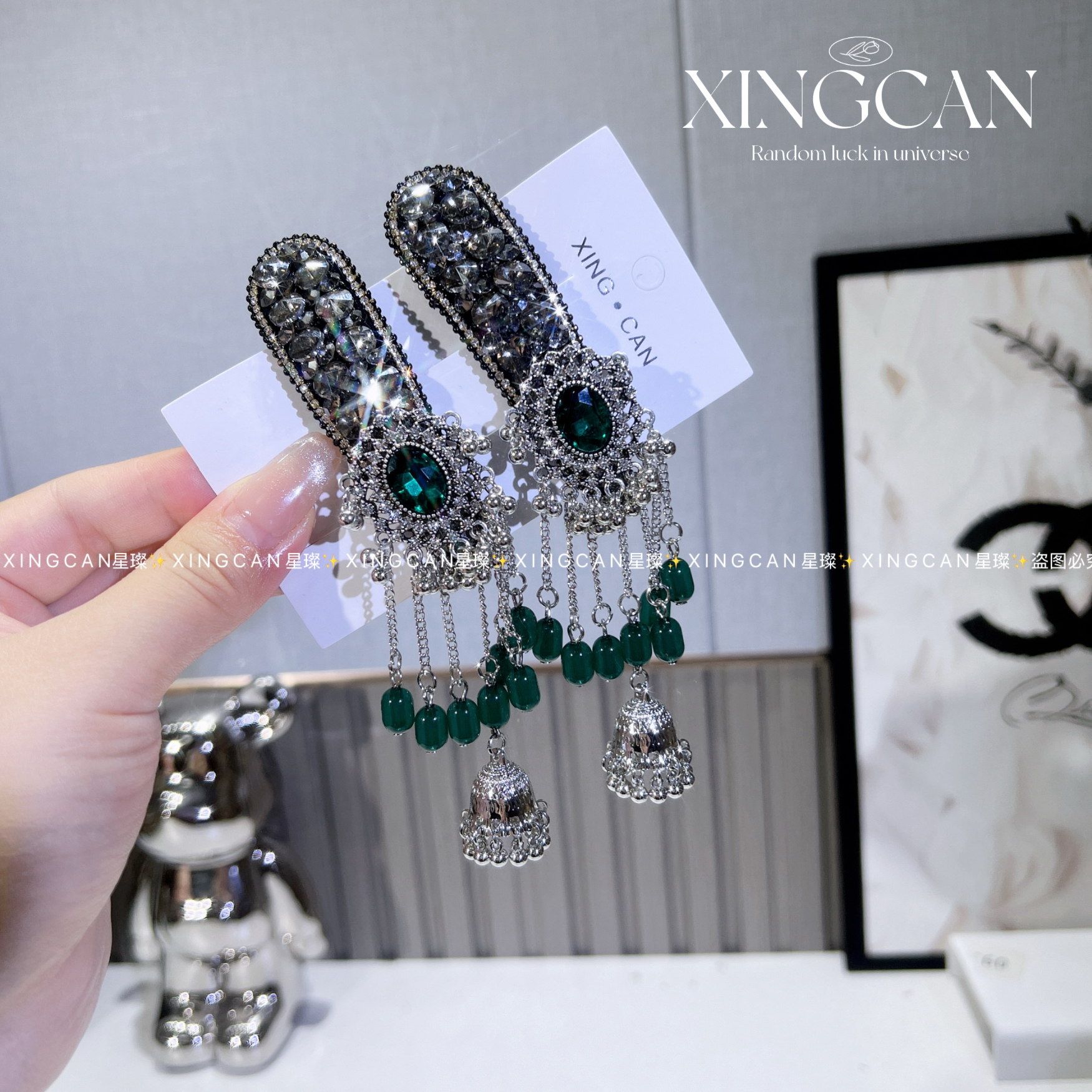 黑色纯手工铃铛流苏发夹复古民族风侧边刘海夹气质发卡头饰女