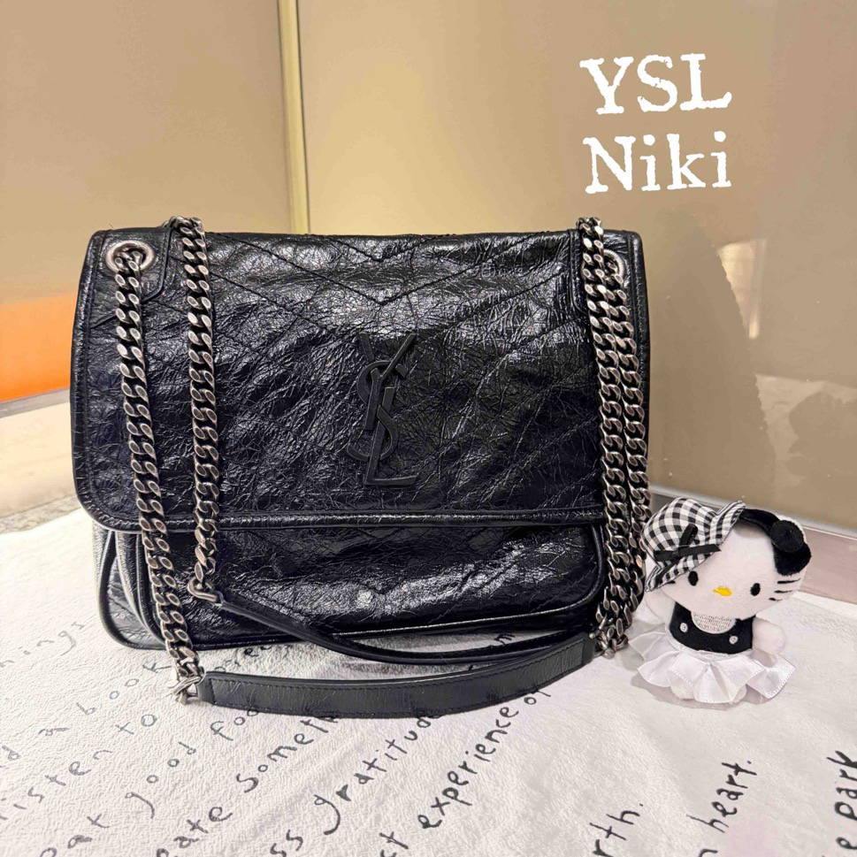 99新 YSL/圣罗兰 niki黑银中号斜挎包/1347