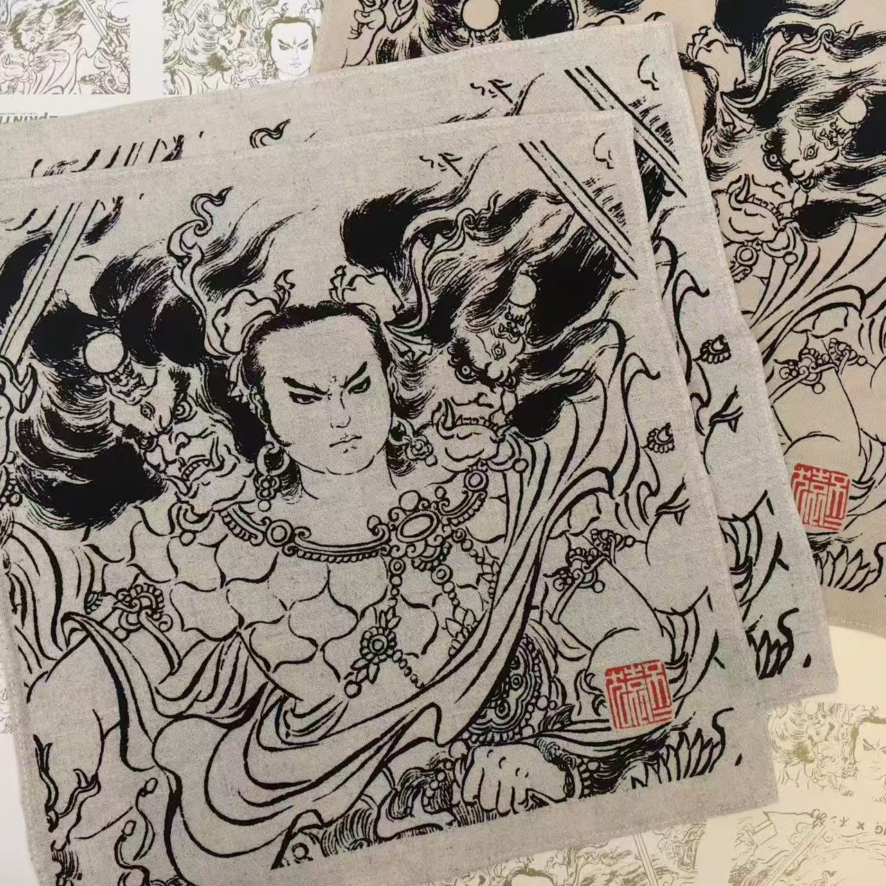 不二猿哪吒手工丝网印方巾