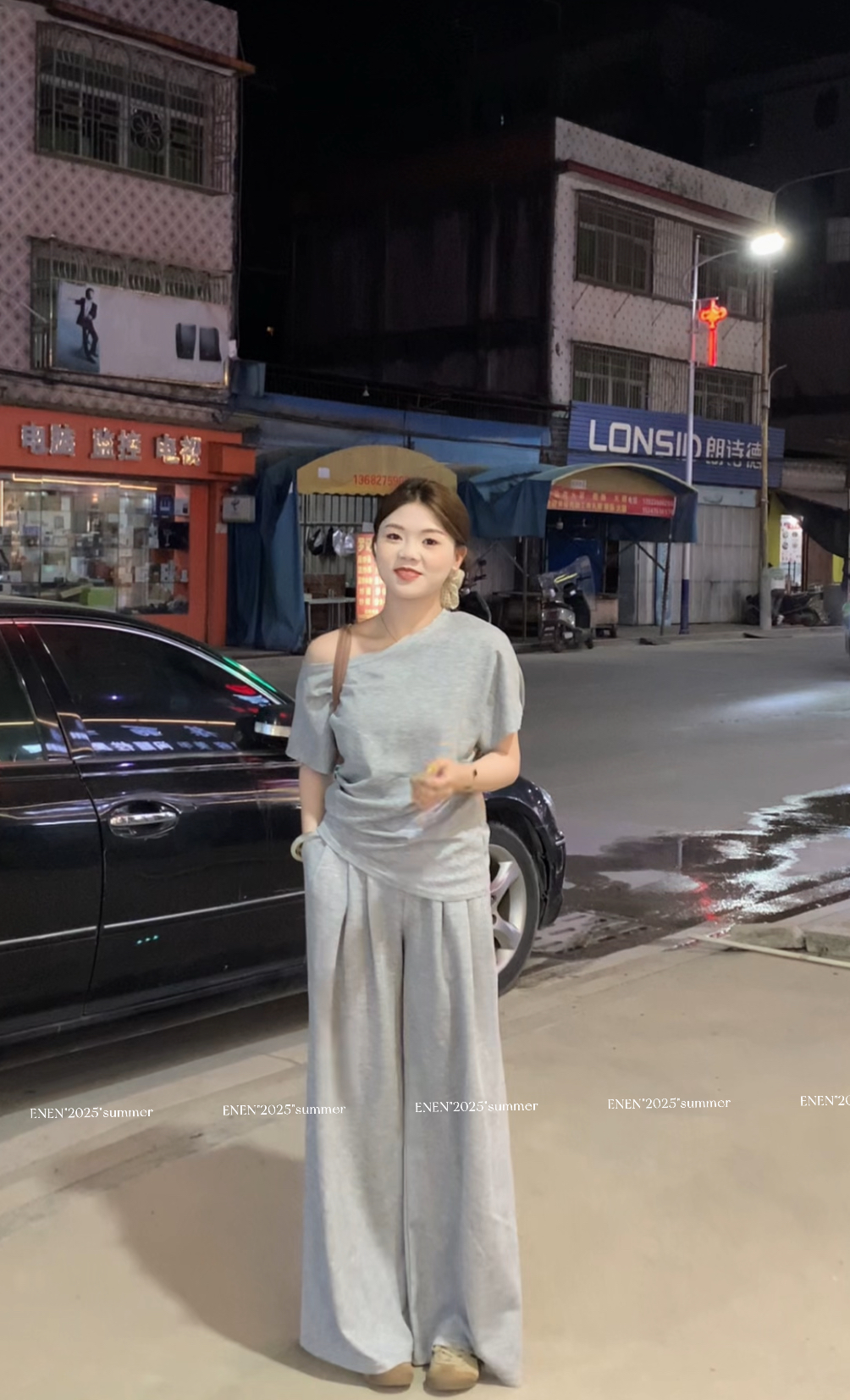 【no退no换】韩版ins宽松斜肩上衣阔腿裤套装 no退换